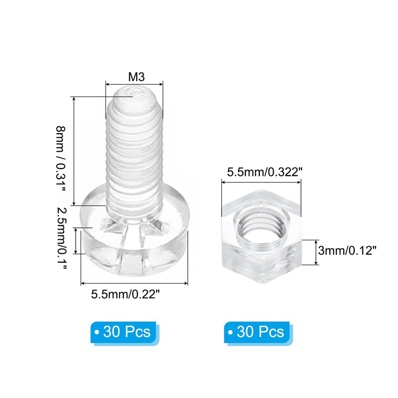 PATIKIL M3x8mm Acrylic Screws with Hexagon Nuts, 30 Set, Transparent