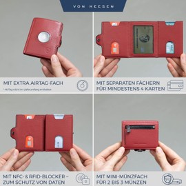 VON HEESEN Slim Wallet with RFID Protection - Mini Wallet Men & Women Small - Credit Card Holder - Wallet Small, red, MINI COIN COMPARTMENT & AIRTAG COMPARTMENT, Mini coin compartment and airtag