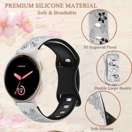 TUCOMO Floral Engraved Silicone Watch Band Compatible with Garmin Vivoactive 6/Vivoactive5/Vivoactive3, 20mm Cute Flower Soft Sport Strap for Garmin Venu SQ/Forerunner 55/165