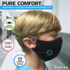 PURIAN Black Kids Face Masks, Washable Reusable Adjustable, Fits Kids to Teens