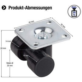 Metafranc Doppelrolle Ø 20 mm - 42 x 42 mm Platte - Kunststoff-Räder - Harte Lauffläche - Gleitlager - 25 kg Tragkraft - 4 Stück / Transportrolle / Möbelrolle / Containerrolle / 802810