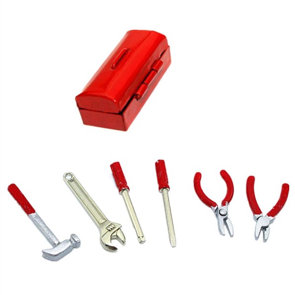 SXFSE Dollhouse Decoration Accessories, 1:12 Dollhouse Miniature Scene Model Work Tools Set with Toolbox 7 Pcs (Red Tools+Red Box, As Shown)