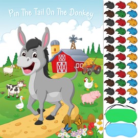 Pin The Tail On The Donkey Party Game with Large Farm Donkey Games Poster 36 Pcs Tails for Birthday Party Farm Party Decorations Carnival Party Supplies