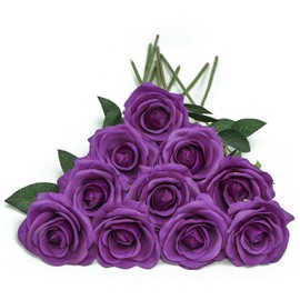 DuHouse 10pcs Fake Roses Artificial Silk Flowers Long Stems Bouquet for Arrangement Wedding Centerpiece Party Home Kitchen Decor(Dark Purple)