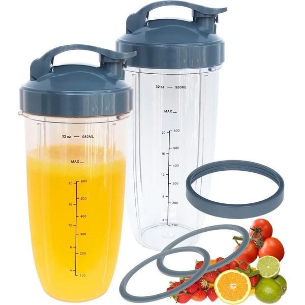 [UPGRADE] 2-pack 32oz Replacement Blender Cups with Flip-Top To-Go-Lid and