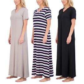 3 Pack: Womens Plus Size Short Sleeve Maxi Crew V-Neck Nightgown Long Soft Nightshirt Women Night Gowns Nightdress Sleep Lounge Dress Sleepwear Pajama Tops PJs Sleeping Ladies PJ Just My - Set 2, 2X