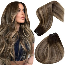 Hetto Weft Hair Extensions Human Hair Brown Sew in Hair Extensions Ombre Brown to Strawberry Blonde with Dark Brown Weft Human Hair Extensions 20inch 100g #4/27/4