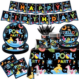 Pool Party Birthday Decorations Tableware set, 142Pcs Pool Party Supplies includes Summer Plates and Napkins, Pool Party Napkins for Summer Party Supplies Summer Pool Party Decorations