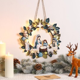 Suncalla Holy Family Christmas Wreath with Light LED Wooden Holy Family Nativity Scene Hanging Decoration for Christmas Tree Ornaments Xmas Indoor Outdoor Wall Decoration Hanging Sign for Front Door