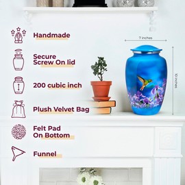 Trupoint Memorials - Urns for Human Ashes Adult Female, Burial Urns, Decorative Urns, Funeral Urns, Cremation Urns for Women and Men - Blue, Hummingbird, Large