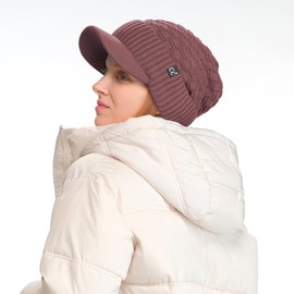 C.C Fuzzy Fleece Lined Warm Oversized Chunky Soft Stretchy Oversized Two Way Ribbed Slouchy Knit Hat with Visor Brim, Coco Berry