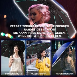 Automatic Open and Close Folding Reverse Umbrella 10 Ribs (3+2 Reinforced Ribs) Umbrella Knirps Large with Reflective Strips, Sun Protection, Portable for Travel, blue