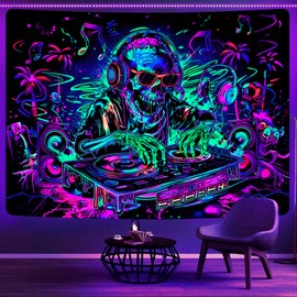 Uspring Blacklight Skull Tapestry Trippy Skeleton Tapestries Funny Music Wall Tapestry Hip Hop Tapestry Wall Hanging UV Reactive Hippie Wall Art, Black Light Party Decor (70.9 x 92.5 inches)
