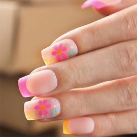 SPLOCUDU Square Press on Nails Short French Tips Fake Nails with Flower Design Nude Glossy False Nails Pink Flower Glue on Nails Stick on Nails Acrylic Nails for Women and Girls
