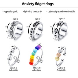 ALEXCRAFT 6 Pcs Anxiety Rings for Women Stainless Steel Spinner Anti Anxiety Fidget Adjustable Rings with Moon Star Flower Colorful Beads