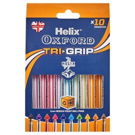 Helix Oxford Tri-Grip Ballpoint Pens (x10 Pack Assorted Colours) with Plastic Free Packaging