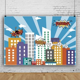 Renaiss 5x3ft Superhero City Theme Backdrop Skyline Buildings City Boom View Cityscape Background Photography for Kids Boys Baby Shower Birthday Party Decor Banner Photo Booth Props