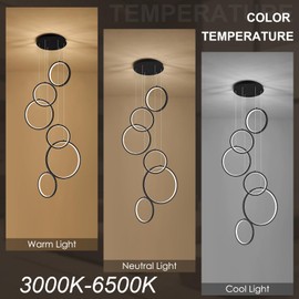 Benkut Modern LED Chandelier 6 Ring Black LED Pendant Light Adjustable Height Hanging Ceiling Light Fixture Dimmable Chandelier Ceiling Hanging for Foyer, Entryway (98.5in 3000K-6500K)
