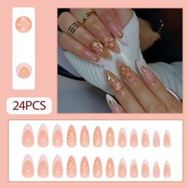 WAFOLOZE Nails Press on, Almond Press on Nails Medium Girls Fake Nails with 3D Flowers White French Tip Design, Acrylic Artificial False Nails Press Ons Floral Glue on Nails For Women