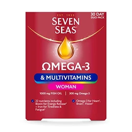Seven Seas Omega-3 & Multivitamins Woman, With Biotin and Iron, 30-Day Duo Pack, 30 Omega-3 Capsules and 30 Multivitamin Tablets