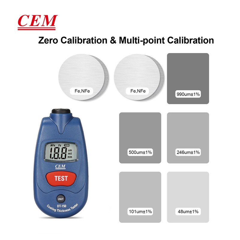 CEM Paint Thickness Gauge,Car Boat Coating Tester with Calibration Plates&Battery,Fe/NFe