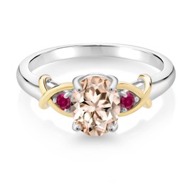 Gem Stone King 925 Sterling Silver and 10K Yellow Gold Peach Morganite and Red Created Ruby Ring for women (1.10 Cttw, Available In Size 5, 6, 7, 8, 9)