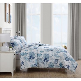 CARIBBEAN JOE King 3-Piece Comforter Set, Tropical Coastal Beach Design Bedding, Nautical Turtles