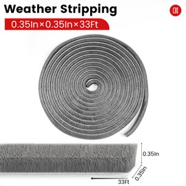 Weather Stripping for Doors and Windows, Brush Seal Strip, Strong Adhesive, Weatherproof, Dustproof, Soundproof, Noise and Wind Blocker, Gap Filler, Window Insert, Grey, 0.35 in x 0.35 in x 33 Ft