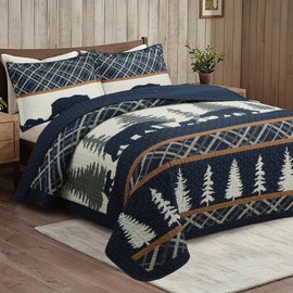 3-Piece Rustic Cabin Lodge Bear Quilt Set - Country-Themed Bedspread with Matching Pillow Shams
