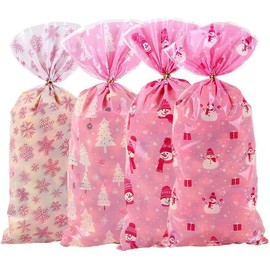 100 Pieces Pink Christmas Tree Snowman Snowflakes Cellophane Treat Bags, Plastic Clear Christmas Cello Gift Wrap Bags with Twist Ties for Treats Candy, Cookie, Goodies, Gift Wrap, Xmas Party Favor