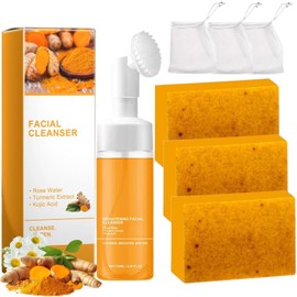 EIVJEC 4Pcs Turmeric Wash and Care Two Piece Set, Tuemeric Facial Cleanser & Turmeric Soap Combo, Face & Body Cleanser, Deep Cleansing，Bring a Bubble Net