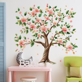 Peach Tree Wall Decals Removable Pink Peach Blossom Leaves Wall Stickers Peel and Stick Vinyl Waterproof Wall Decor for Bedroom Living Room Bathroom Nursery Classroom Decorations
