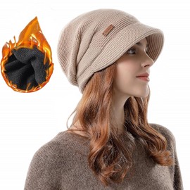 Siganorpy Women's Winter Knitted Beanie Hat, Stretchy Slouchy Cap with Visor, Fleece Lined, Brim, 55-60 cm, Khaki