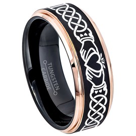 Mens Celtic Claddagh Tungsten Ring - Brushed Finish Black IP & Rose Gold Stepped Edge Comfort Fit Tungsten Carbide Wedding Band 8mm #779CLD