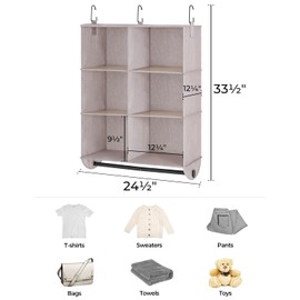 StorageWorks Hanging Closet Organizer with Garment Rod, 6-Section Closet Hanging Shelves, Hanging Clothes Cube Organizer,Light Khaki, 12 ¼" D x 24 ½" W x 33 ½" H