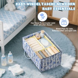 Lunriwis Floral Wickeltisch Organizer,Baby Wickelkommode Organizer,Windeltasche mit Fächern und Griffen, Newborn Baby Essentials,Geschenkkorb für Wickelkinder（blau）