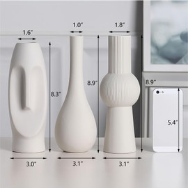 3-Piece Nordic Handmade White Ceramic Vase Set - Matte Finish Decor for Living Room, Coffee Table & Shelf - Unique Face, Waterdrop，Geometric Shapes - Modern Minimalist Home Decor
