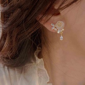 Aneneiceera Vintage Acrylic Flower Crystal Earrings Gold Teardrop Crystal Dangle Earrings Waterdrop Rhinestone Dangle Earrings Wedding Pearl Crystal Ear Climber Earrings Jewelry for Women