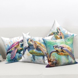 ChloropLastid Sea Turtle Throw Pillow Covers 18x18 inch Watercolor Ocean Undersea Animals Pillow Cases Nautical Sea Tropical Theme Decorative Cushion Covers for Living Room Bed Sofa Set of 4