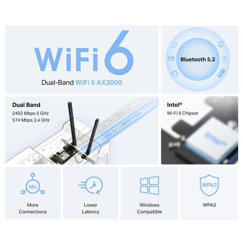 Mercusys MA80XE AX3000 Wi-Fi 6 Bluetooth 5.2 PCIe Adapter, Wi-Fi