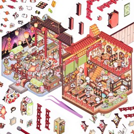 2 Sets Large Vintage 3D House Sticker 3D Sticker Scene with Tweezers Make Your Own House Retro DIY Stickers 3D Miniature Scene Stickers