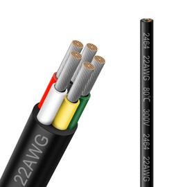 22 Gauge 5 Conductor Electrical Wire, 16.5FT 2464 22AWG 5 Wire Cable Black PVC Stranded Tinned Copper, 22/5 Cord Extension Low Voltage Cable