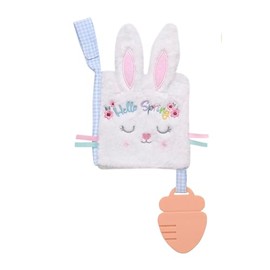 Soft Plush 5 inches Crinkle Activity Book with Teether, Satin Ribbons and Travel Strap, Hello Spring Embroidery, White Bunny, Easter