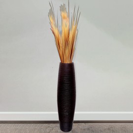 Brown Decorative Contemporary Mango Wood Ribbed Design Round Floor Vase, 31 Inch