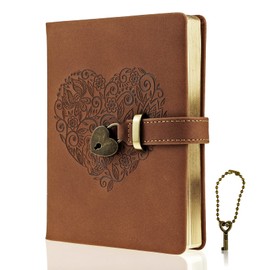 Mazeran Lock Journal, Heart Shaped Locking Leather Floral Embossing Hard Cover Gold Gild Edge Notebook Travel Diary, B6 Lined Lock with Key Personal Planner Organizer Gift for Girls Women Wife