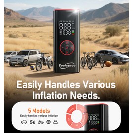 Sockspree Tire Inflator Portable Air Compressor 5 in 1 Cordless Smart Pump with Tire Pressure Gauge 150PSI and LED Lights for Cars Bikes Motorcycle Balls Custom Mode Inflatables Red Black