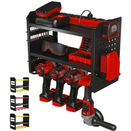 BUILTSTRONG Power Tool Organizer Wall Mount - 3-Tier Heavy-Duty Metal Hand Tool Storage Rack, Utility Racks, Drill Holder, PegBoard Side, & More - Garage Storage Cordless Tool Organizer (Black)