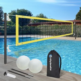 Olybeaka Base Free Pool Volleyball Net Set with 15-26 ft Length Adjustable, 3 Heights Adjustable Outdoor Volleyball Set for Pool with 2 Volleyballs and Carry Bag