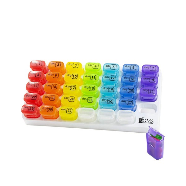 GMS 31 Day Rainbow Pill Organizer Pill Dispenser with Pop Out Pocket Pill Pods Medication Portable Tray for Vitamins, Supplements, or Prescriptions for Work or Travel, Monthly Pill Reminder