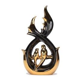 NYMYHE Modern Abstract Art Ceramic Statue with Bird Figurine Black & Gold Decor for Living Room Dining Room Bookshelf Coffee Table Entrance Shop Office 11.8''(H) TQGJNY7